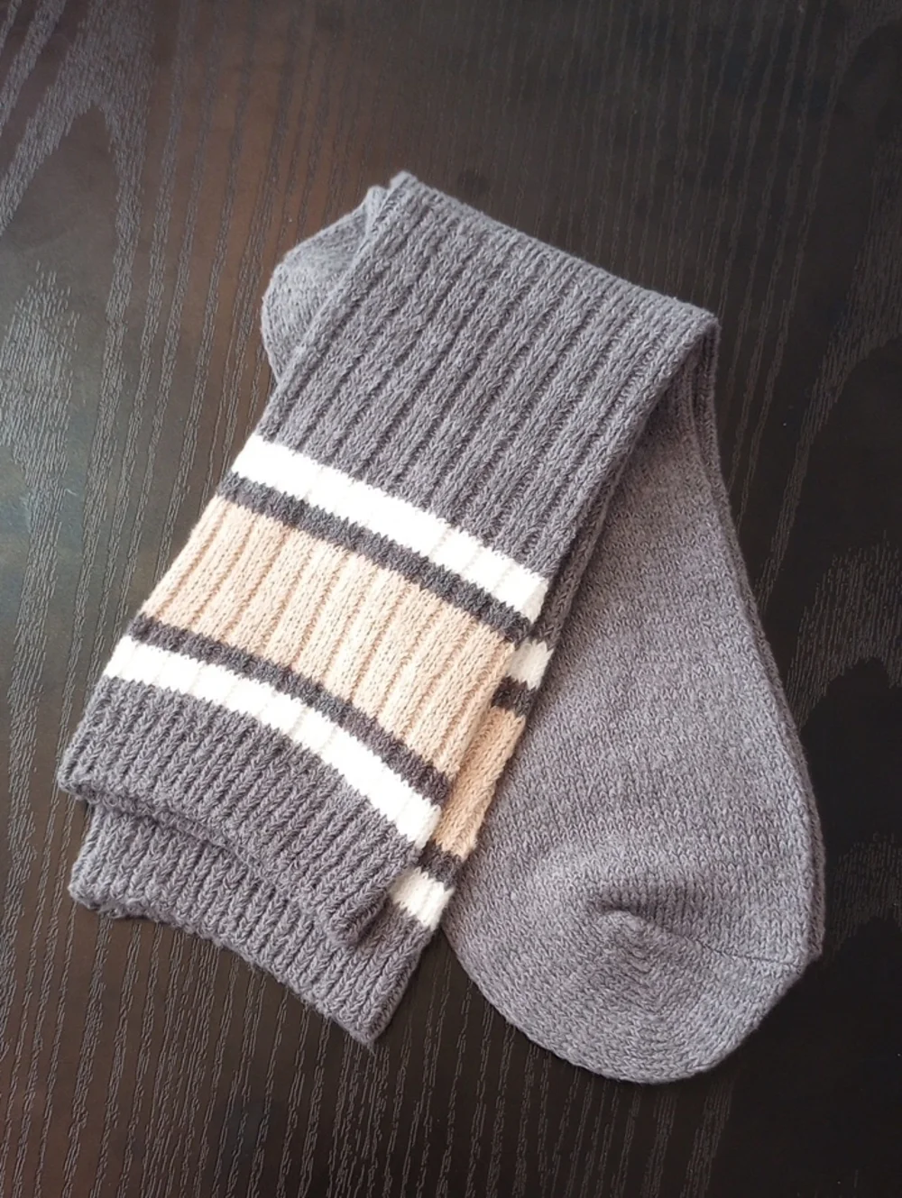 Thick Boot Socks Striped Cuff Crew Mid-calf Gray, White & Tan Women Size 6-11
